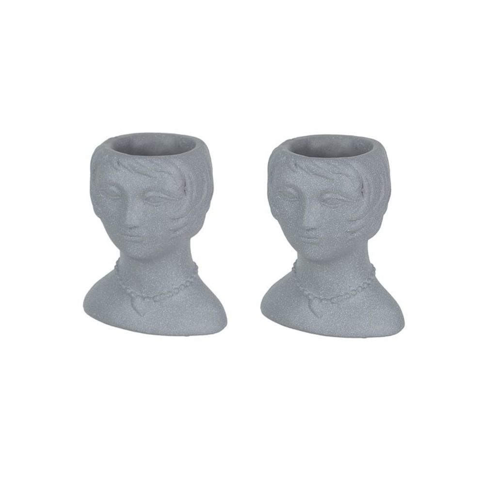 Set of 2 Roaring 20's Flapper Lady Gray Concrete Head Mini Planter 6 Inches Tall